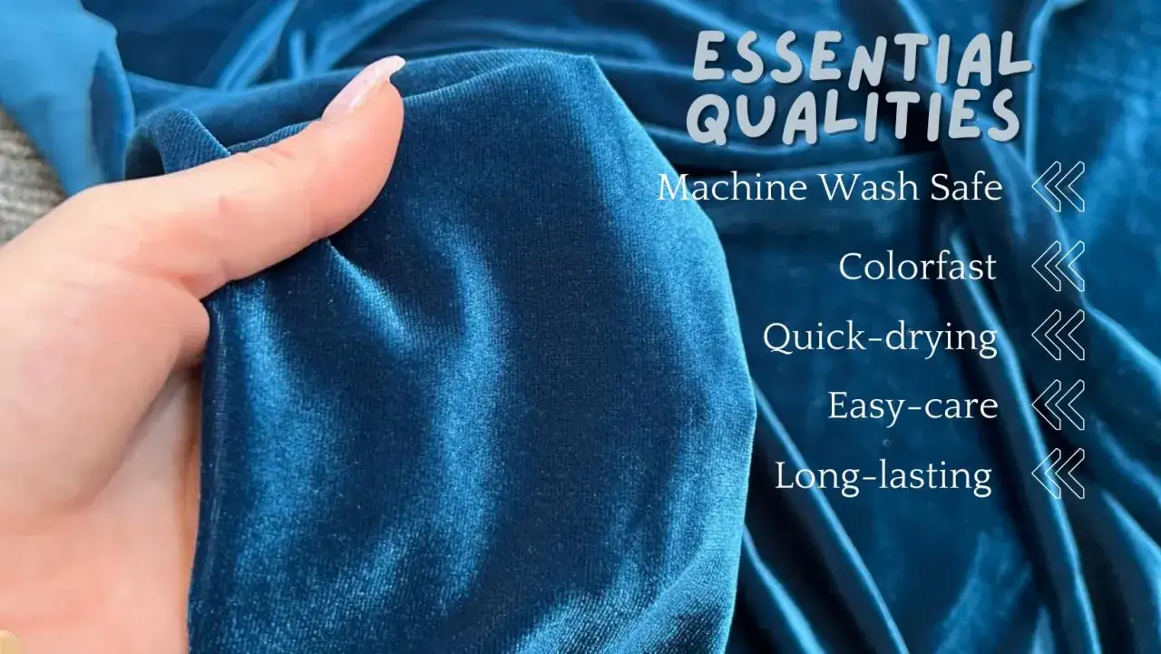 A hand holds teal polyester velvet, highlighting its essential qualities: machine wash safe, colorfast, quick-drying, easy-care, and long-lasting.
