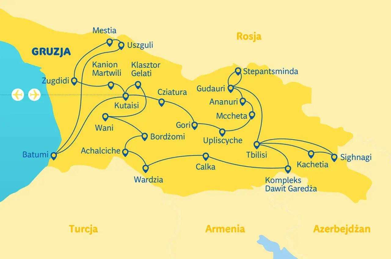 Mapa pokazuje, gdzie leży Gruzja, z zaznaczonymi miastami jak Batumi, Kutaisi, Tbilisi i Mestia, oraz sąsiadującymi krajami: Rosją, Turcją, Armenią i Azerbejdżanem.