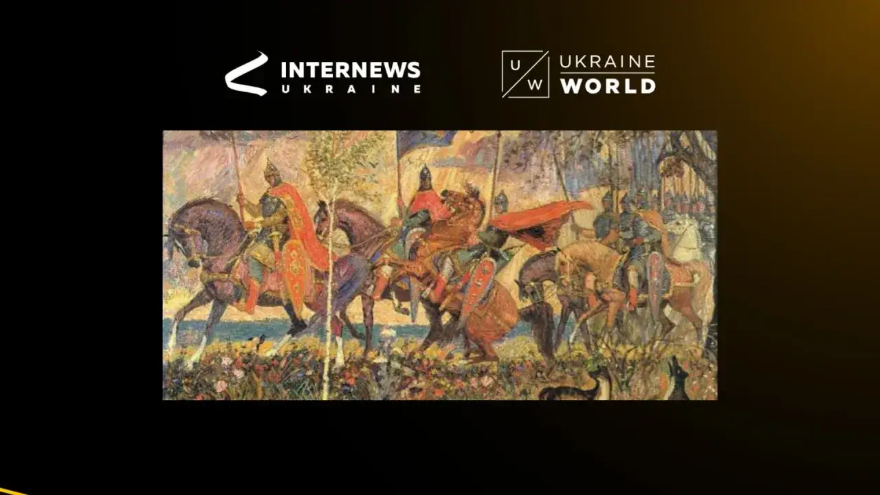 En m&aring;lning av kavallerister i rustning, som skildrar en scen fr&aring;n Ukrainas historia.