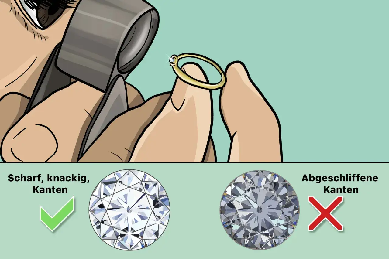 So erkennst du diamant oder zirkonia: scharfe Kanten sind ein Zeichen für einen echten Diamanten, abgerundete Kanten deuten auf Zirkonia hin.