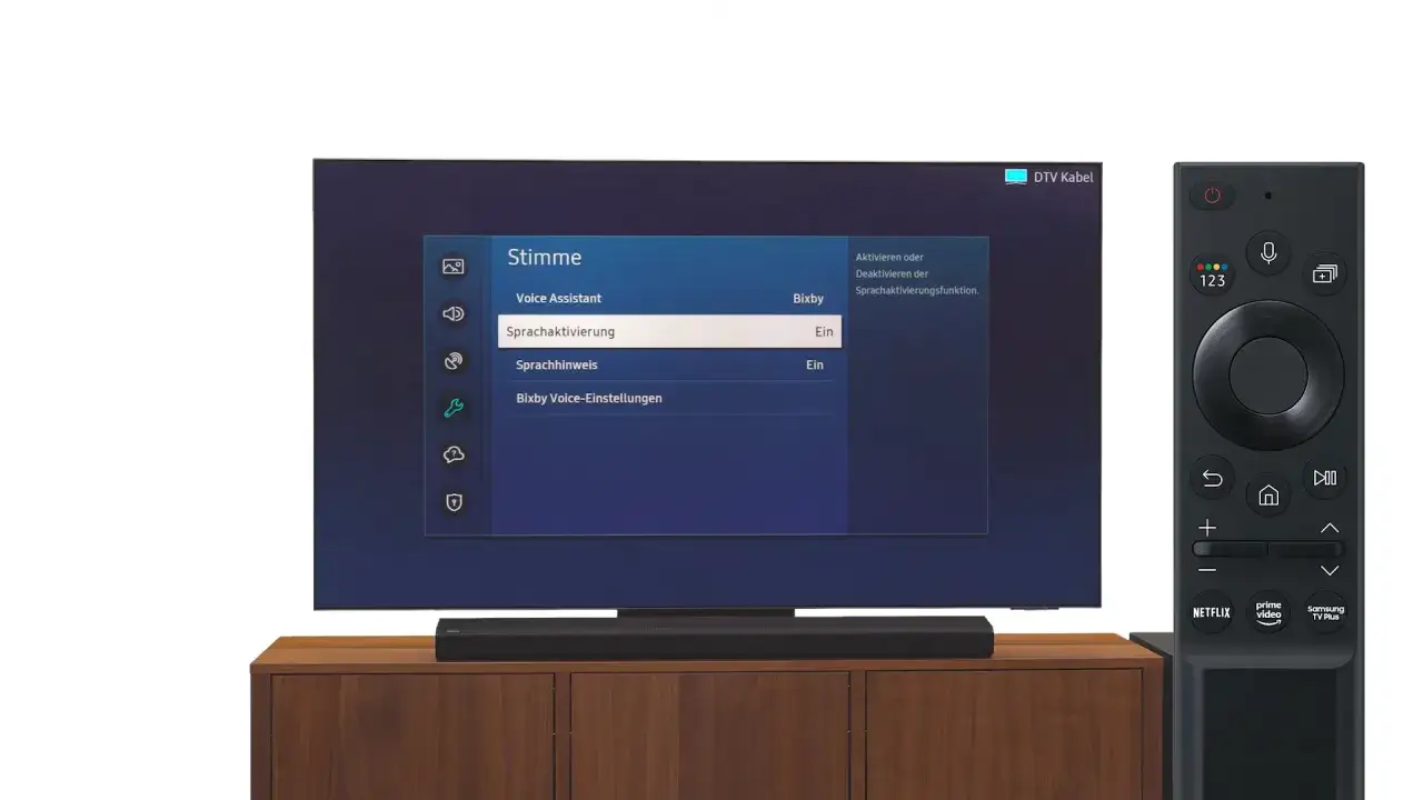 Samsung TV mit Men&uuml; zur Sprachaktivierung. Der samsung assistant Bixby ist bereit.