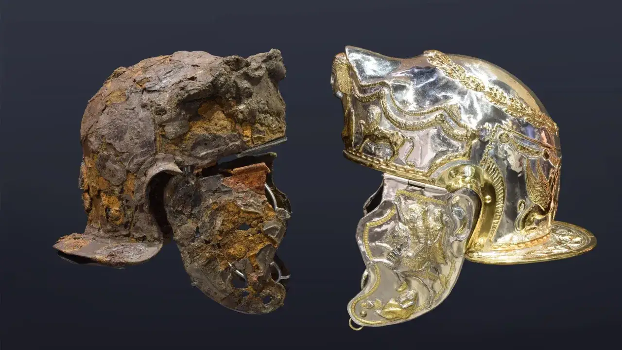 Zwei r&ouml;mische Helme: links ein stark korrodierter Fund, rechts eine pr&auml;chtige Rekonstruktion, der helm des heils.