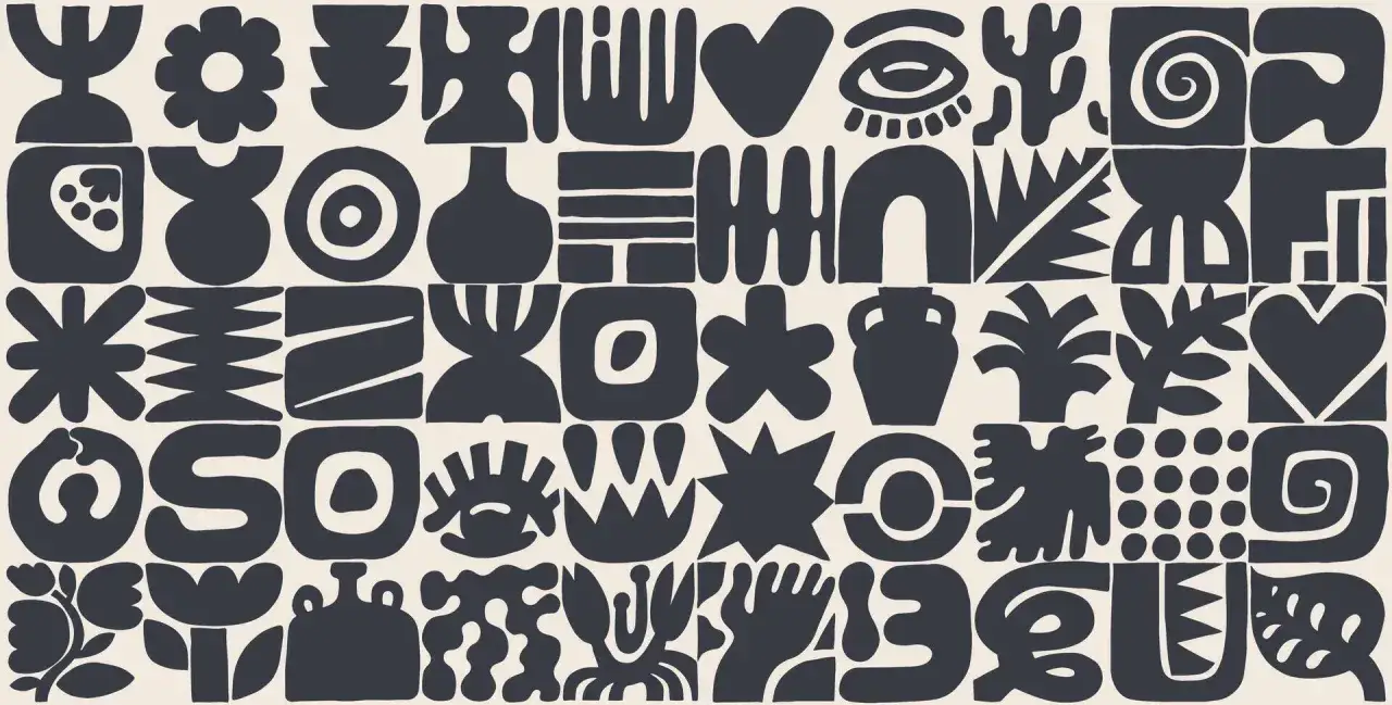 A playful arrangement of abstract shapes and organic forms, reminiscent of mid-century **formalism art**, fills the frame in a dark blue on a cream background.