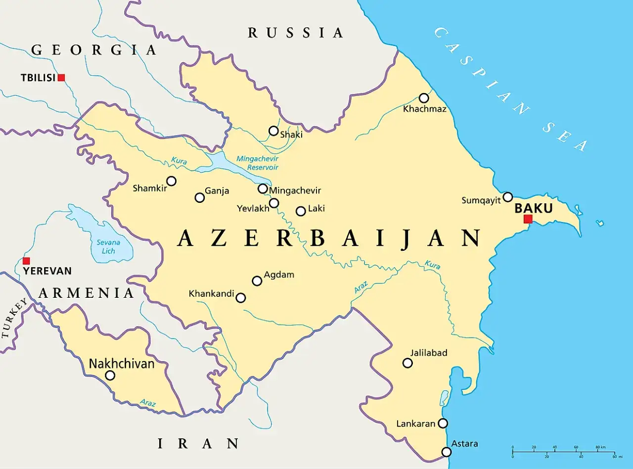 Mapa Azerbejdżanu z zaznaczonym Nachiczewanem, jego enklawa. Widoczne są też sąsiednie kraje i miasta.