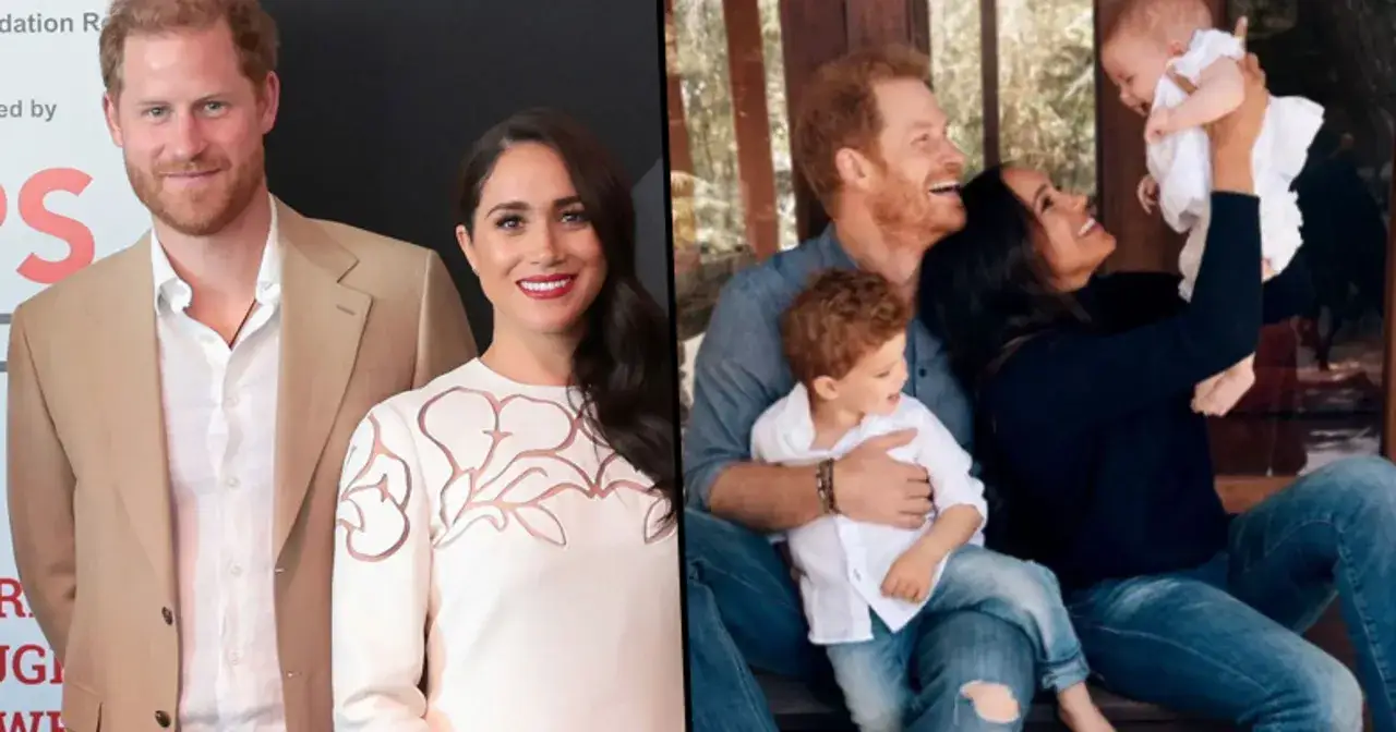 Meghan Markle z dzieckiem i rodziną. Książę Harry trzyma córkę, a Archie siedzi na jego kolanach.