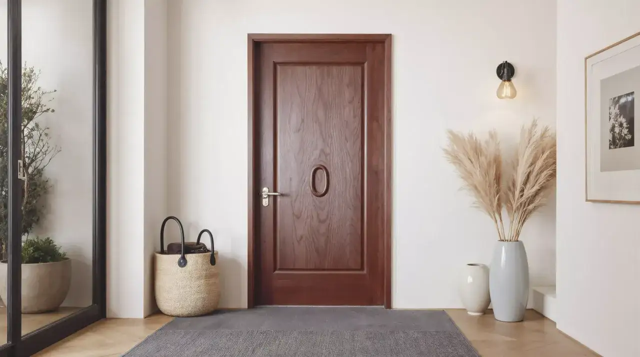 Eleganckie, drewniane drzwi z ozdobnym uchwytem. Wnętrze z koszem, roślinami i wazonami, prezentujące różne rodzaje drzwi.