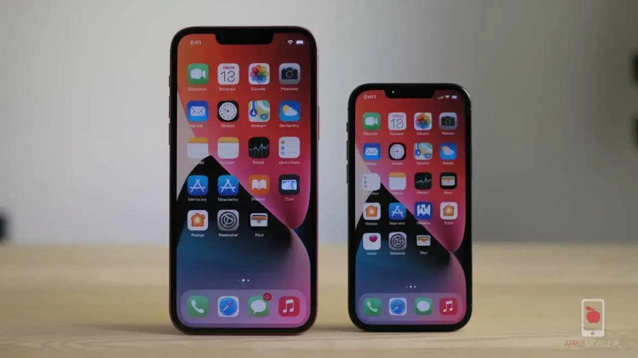 Dwa iPhone'y, większy i mniejszy iPhone 13 mini ekran, prezentują kolorowy interfejs z ikonami aplikacji.