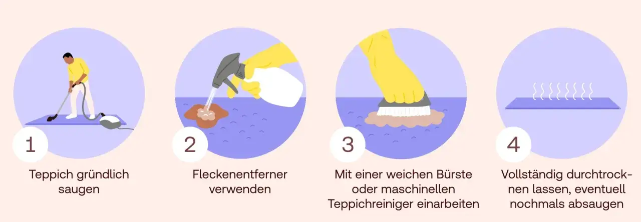 Schritt-für-Schritt-Anleitung zum Teppich reinigen: saugen, Fleckenentferner nutzen, mit Bürste einarbeiten und trocknen lassen. Waschpulver kann hierbei helfen.