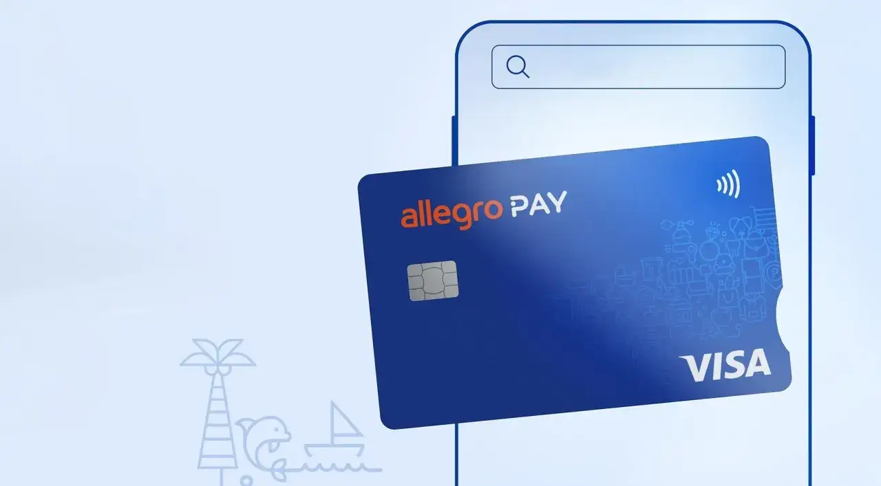 Karta Allegro Pay na tle smartfona. Płać wygodnie za zakupy, jakbyś kupował bilety na wakacje.