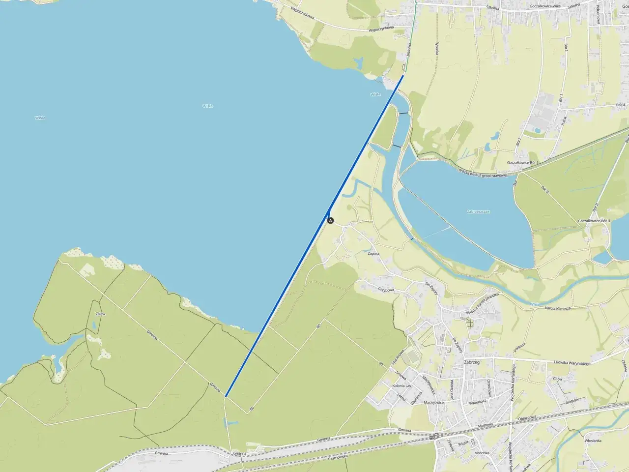 Mapa z zaznaczoną trasą rowerową wokół jeziora goczałkowickiego. Widoczne drogi, zabudowania i tereny zielone.