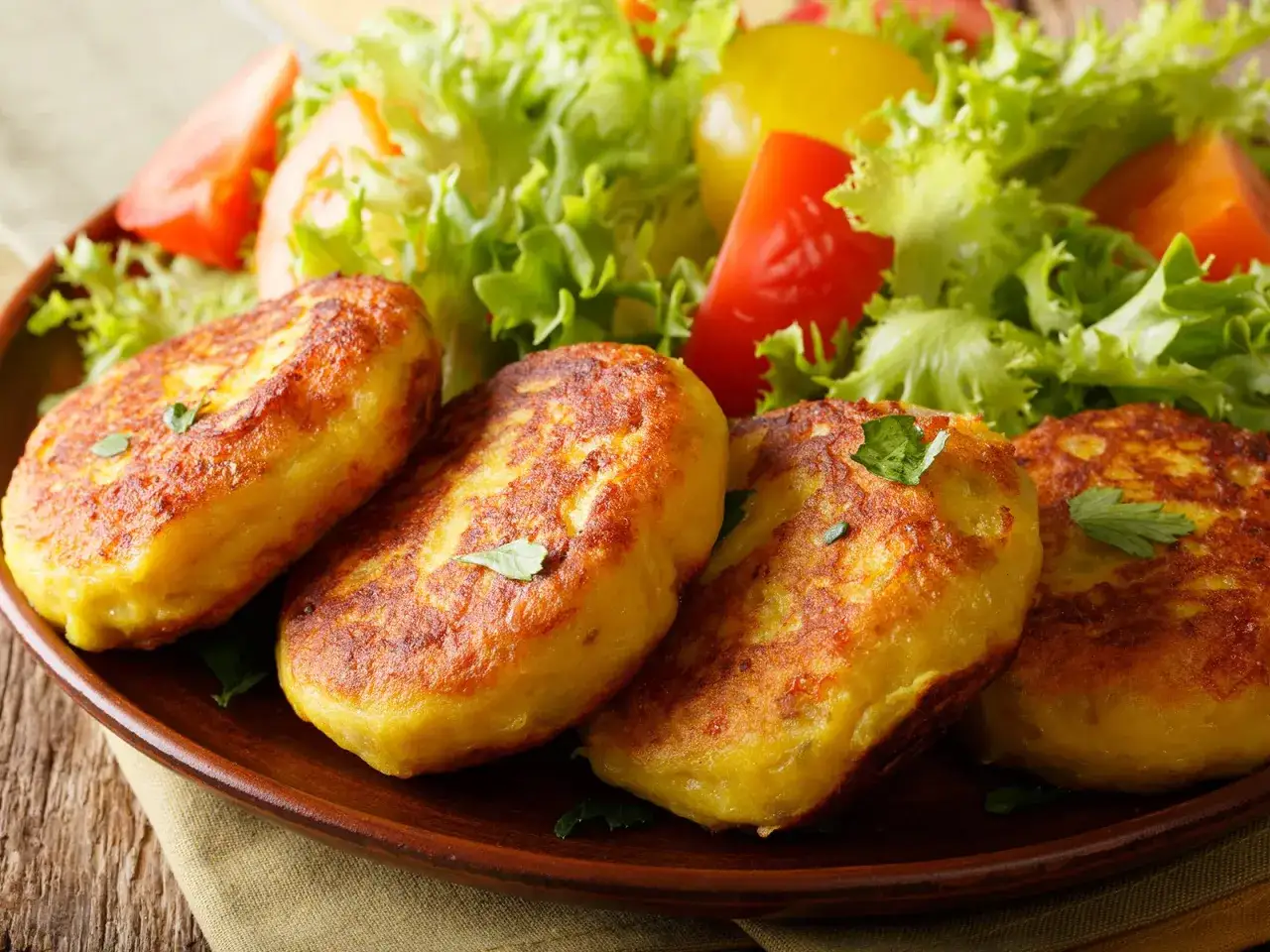Goldbraune kartoffelpuffer aus gekochten Kartoffeln, garniert mit Petersilie, serviert mit frischem Salat und Tomaten.