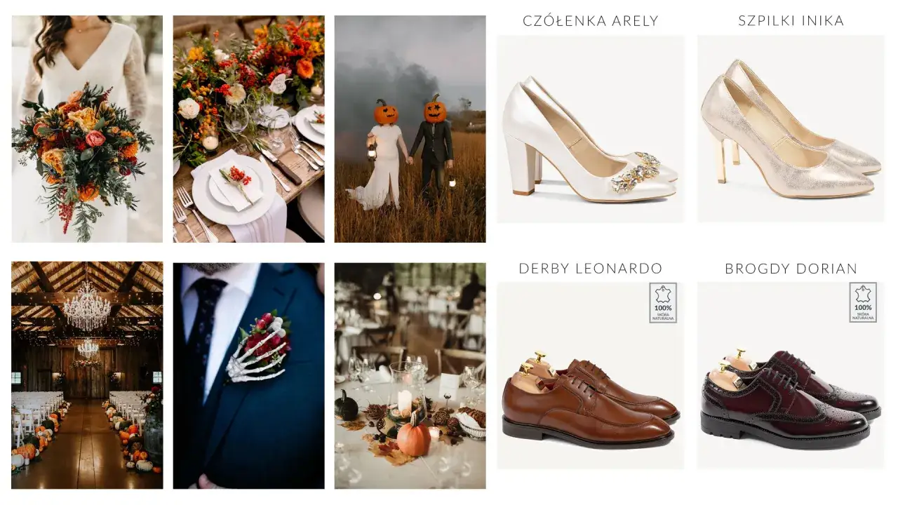 Jesienne wesele w październiku? Eleganckie czółenka lub klasyczne brogsy to idealne buty na taką okazję.