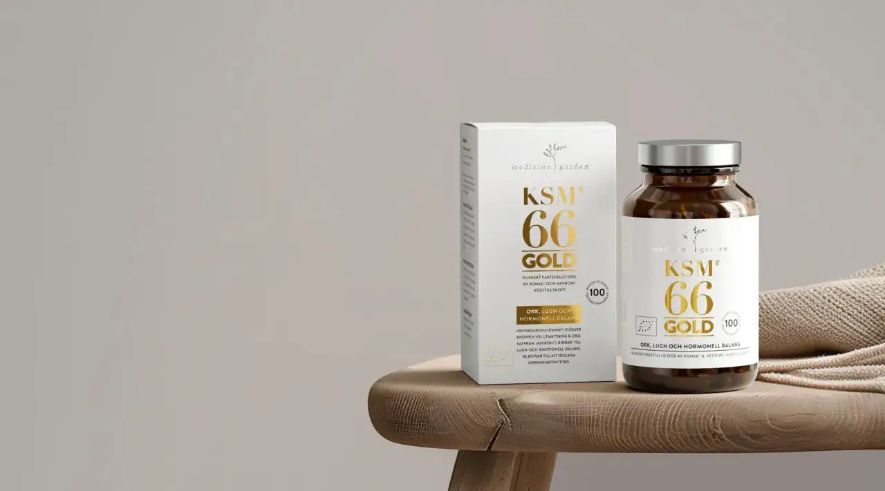 Ashwagandha KSM66 Gold för hormonell balans. Stödjer kroppen vid utmattning och oro, bidrar till lugn och emotionell balans. Kan påverka testosteron positivt.