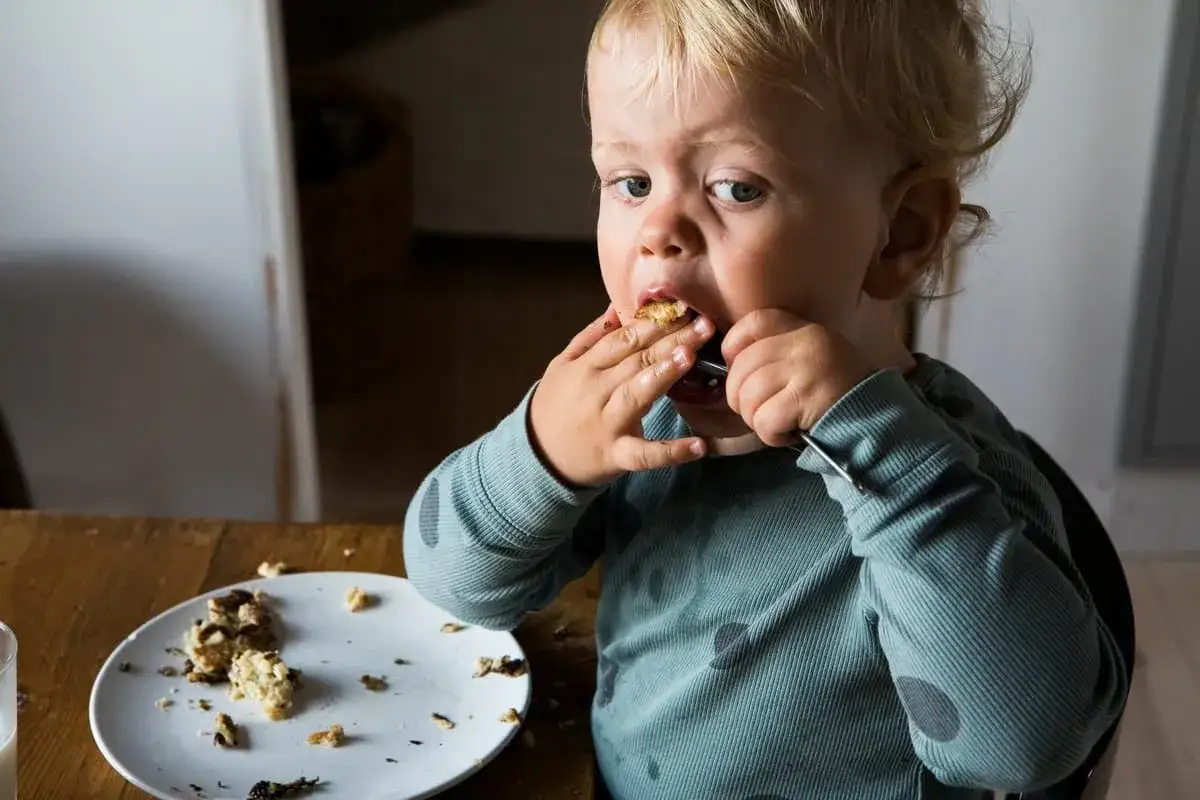 Litet barn &auml;ter med sked, en tallrik med rester framf&ouml;r. Barnbestick b&auml;st i test f&ouml;r sm&aring; h&auml;nder.