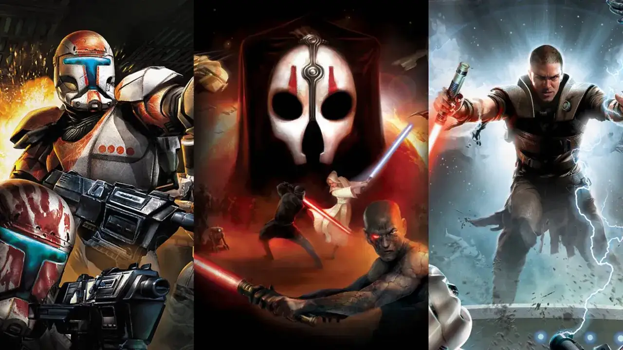 Trzy grafiki z gier Star Wars: żołnierze klonów, Darth Nihilus i Starkiller walczący z Jedi.