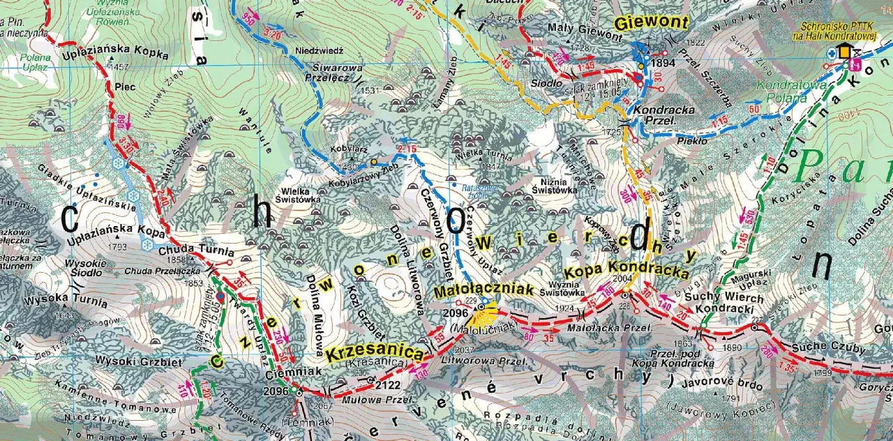 Widok na czerwone wierchy z Kuźnic. Mapa turystyczna Tatr z zaznaczonymi szlakami i szczytami.