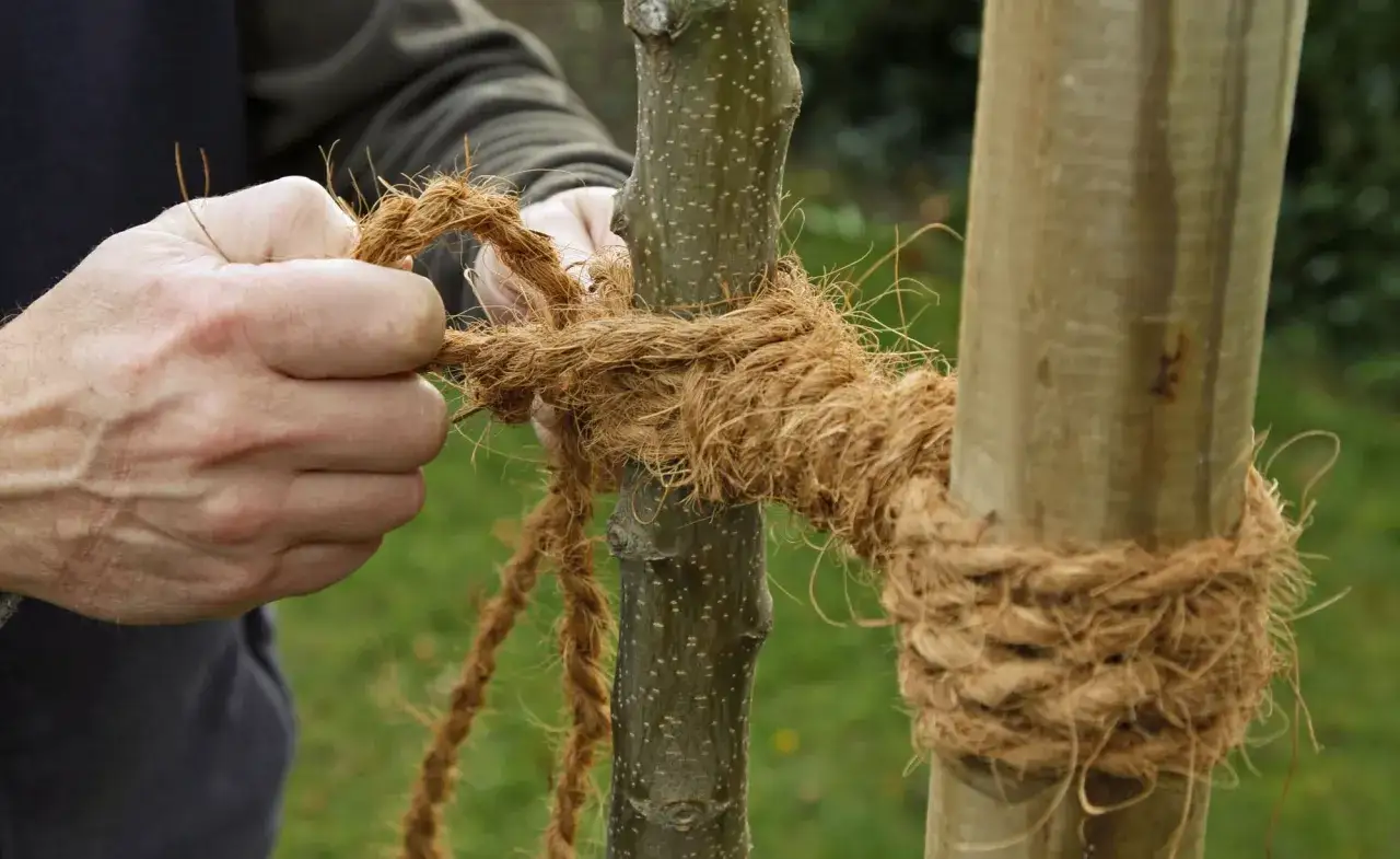 Hände binden einen jungen Apfelbaum mit Kokosseil an einen Pfahl. Das Umpflanzen gelingt so besser.