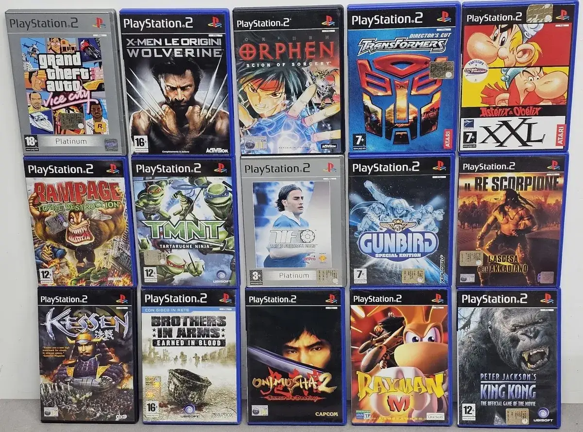 Collezione di migliori giochi PS2: Grand Theft Auto, Wolverine, Orphen, Transformers, TMNT, Gunbird, Kessen, Brothers in Arms, Onimusha 2, Rayman M, King Kong.