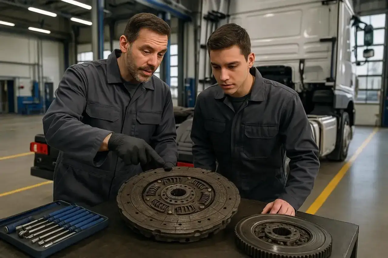 Mechanik pokazuje młodszemu koledze zużyte części, omawiając objawy kończącego się sprzęgła w ciężarówce.
