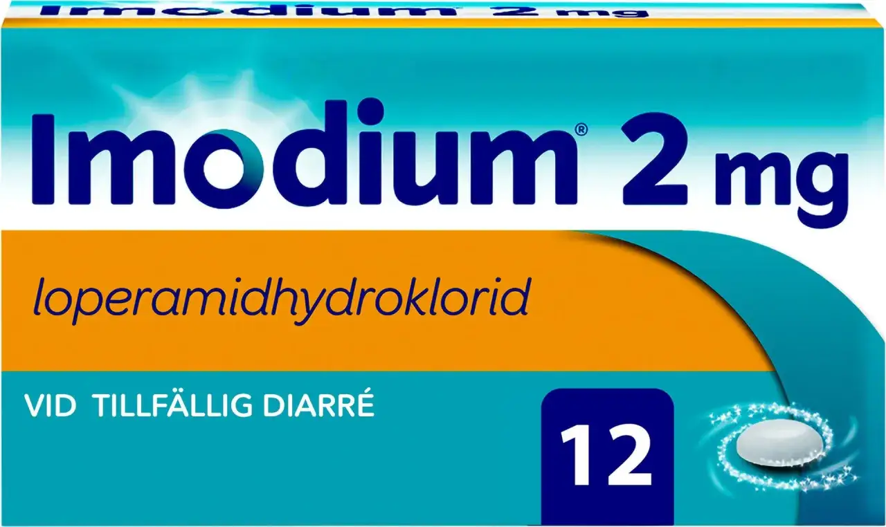 Imodium 2 mg, loperamidhydroklorid. F&ouml;r tillf&auml;llig diarr&eacute;, &auml;ven blodiga diarr&eacute;er. 12 tabletter.