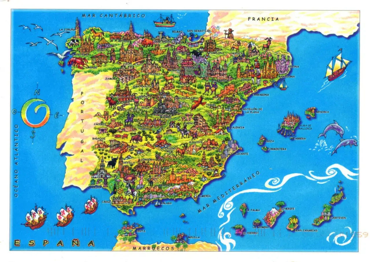 Mapa ilustrado de España con sus principales ciudades, monumentos y fauna. Un recorrido visual por las ciudades que ver en España.