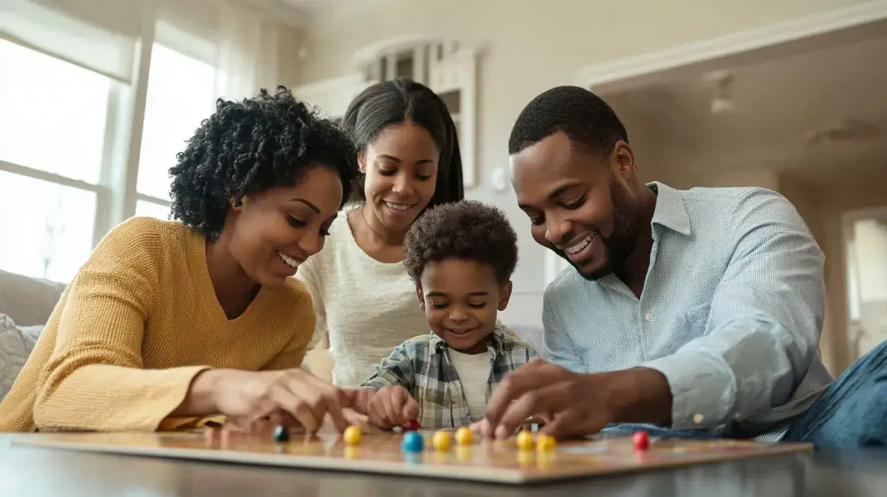 Eine Familie spielt gemeinsam ein kooperatives Brettspiel. Alle lachen und haben Spa&szlig;.