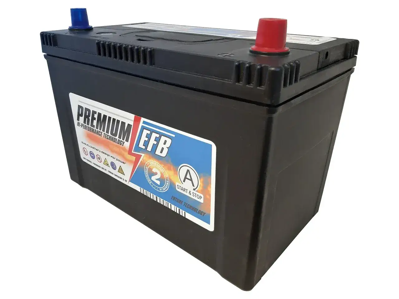 Czarny akumulator samochodowy Premium EFB 12V 95Ah 800A, z czerwonym i niebieskim zaciskiem.