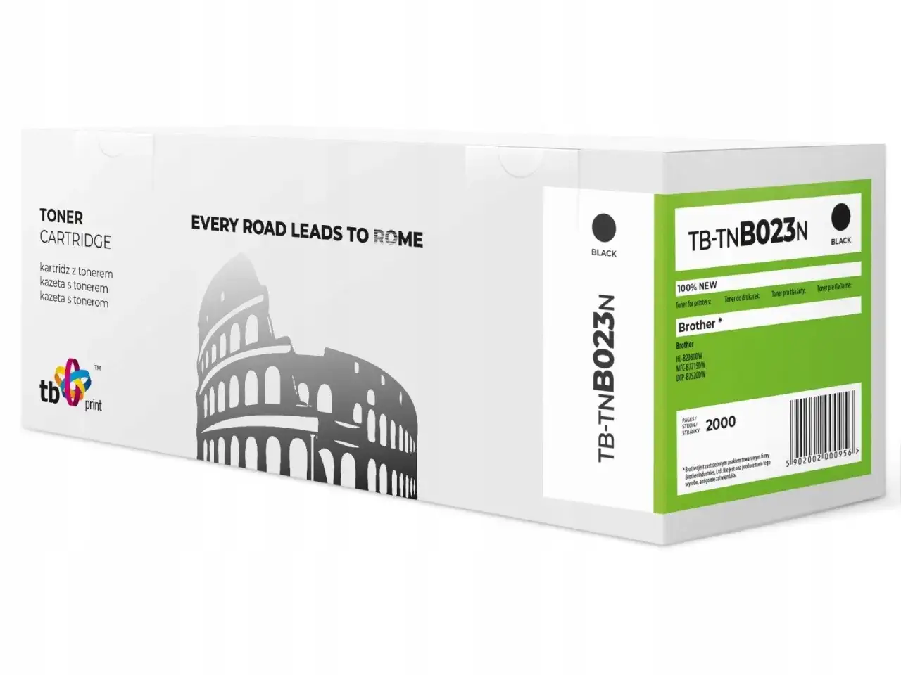Czarny toner TB-TNB023N do drukarek Brother HL-B2080DW. Opakowanie z Koloseum i hasłem 