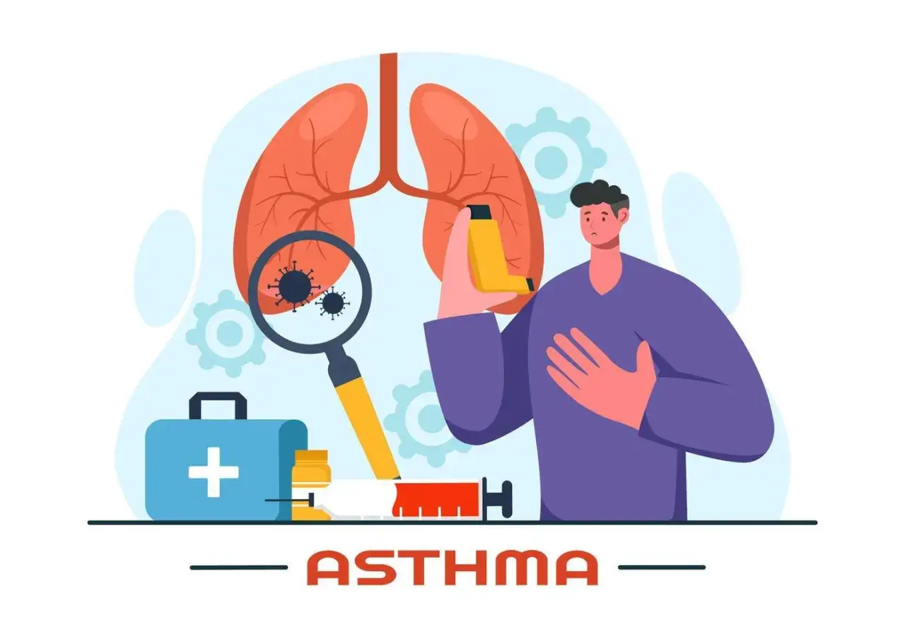 Illustration zeigt Lungen, einen Mann mit Inhalator und medizinische Utensilien. Es erkl&auml;rt, was ist Asthma, eine chronische Atemwegserkrankung.