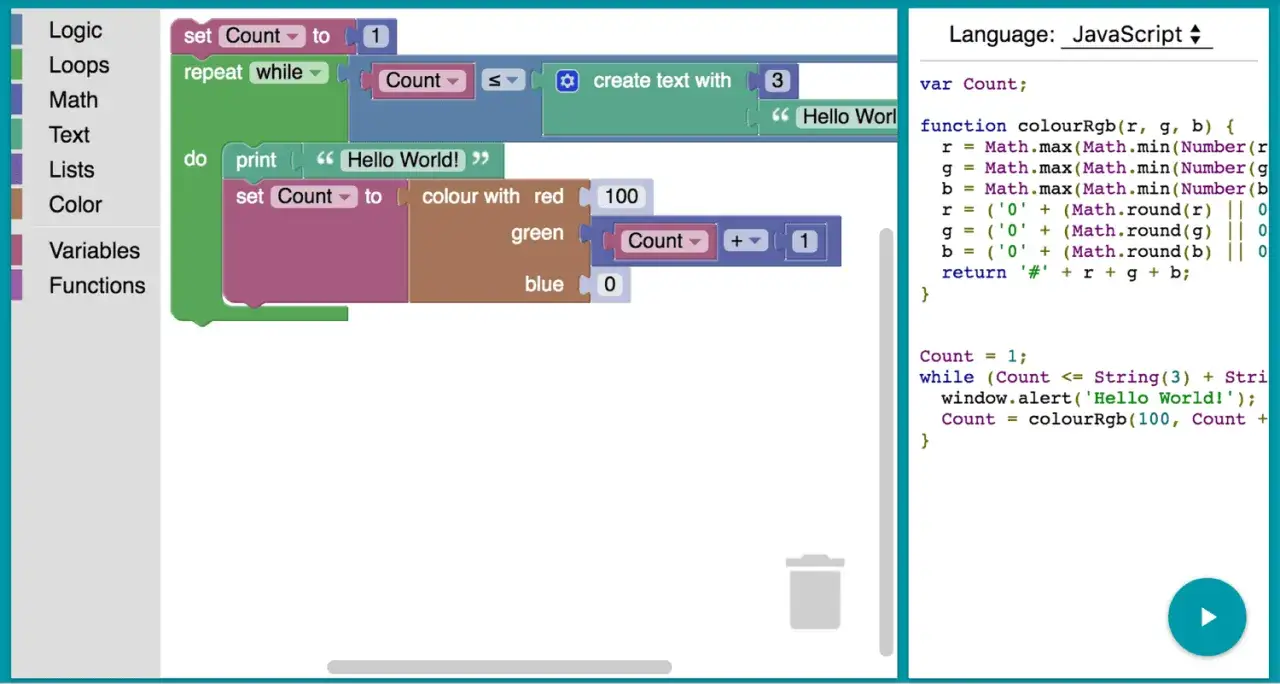 Scratch to jest wizualny język programowania. Blokowy kod tworzy pętlę, kt&oacute;ra wyświetla 