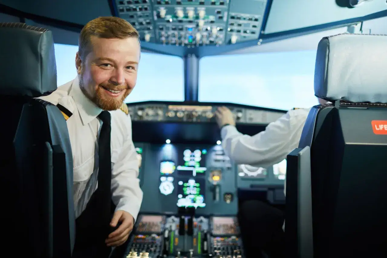 Uśmiechnięty pilot liniowy w białej koszuli i krawacie siedzi w kokpicie samolotu.
