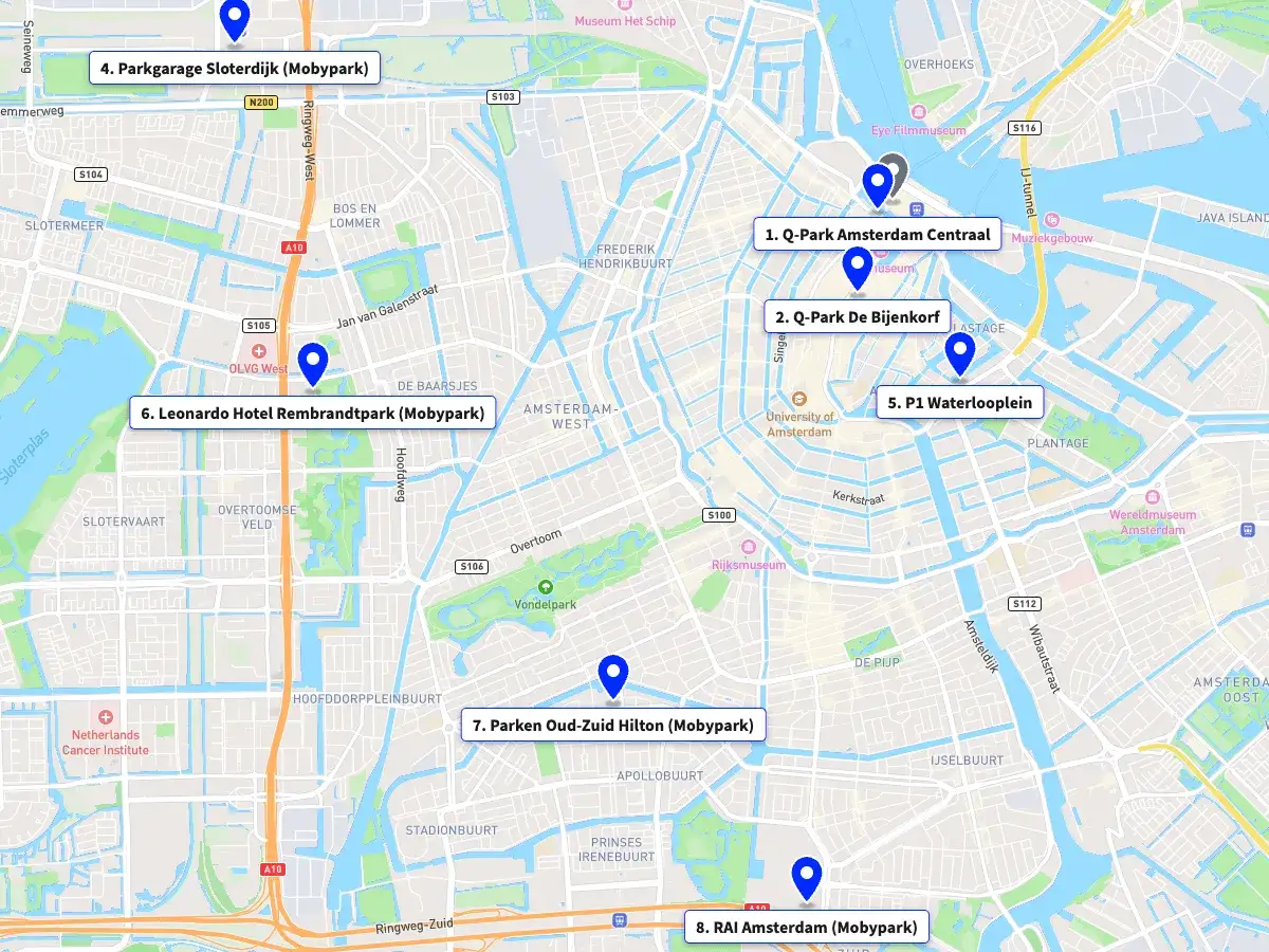 Karte von Amsterdam mit Markierungen f&uuml;r Parkm&ouml;glichkeiten, z.B. Parkgarage Sloterdijk (Mobypark).