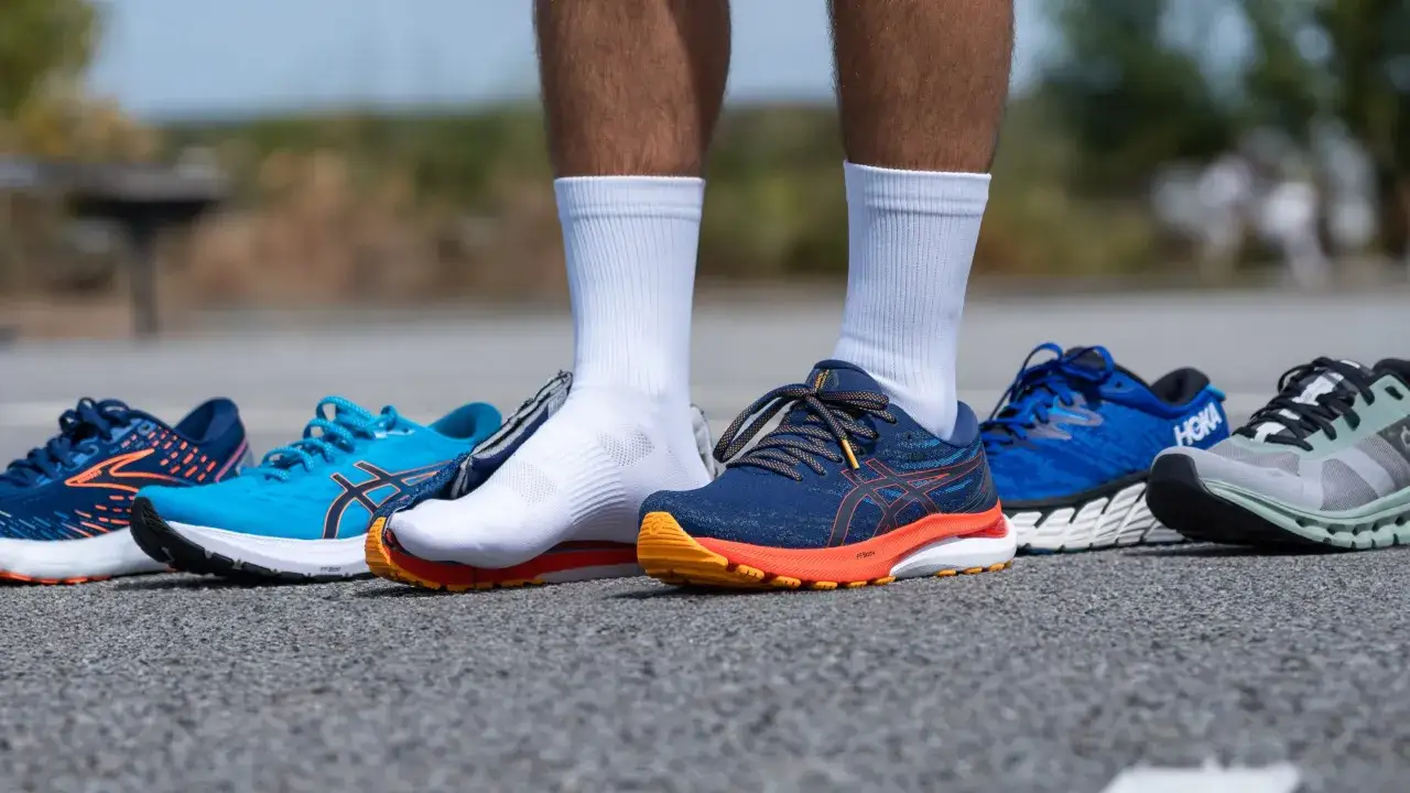 Schuhe f&uuml;r den Schritt-Aerobic-Test: Mehrere Laufschuhe in verschiedenen Farben und Marken stehen nebeneinander auf Asphalt.