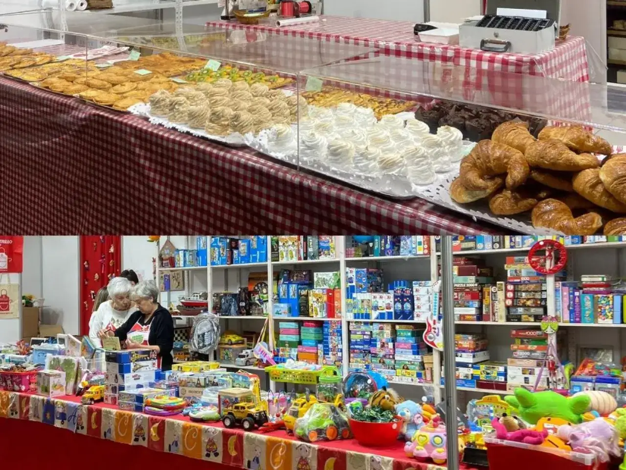 Dulces y juguetes en el mercadillo Ozanam Zaragoza. Pasteles, merengues y cruasanes en la parte superior, y una mesa llena de juguetes en la inferior.