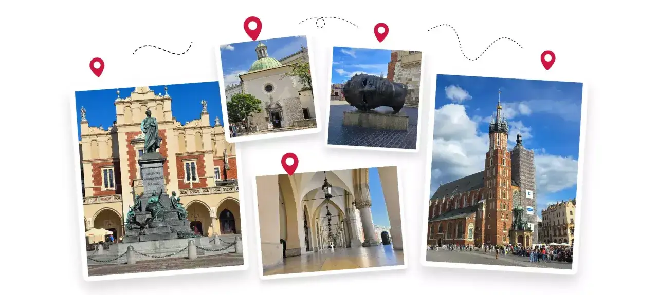 Kraków: pomnik Mickiewicza, Sukiennice, Kościół Mariacki, rzeźba głowy. Jak dojść z dworca PKP na Rynek? Spacerem przez miasto.