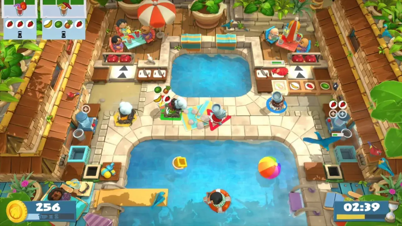 Escena de juegos PS5 2 jugadores misma pantalla: cocinando en una cocina tropical con piscinas, frutas y p&aacute;jaros.