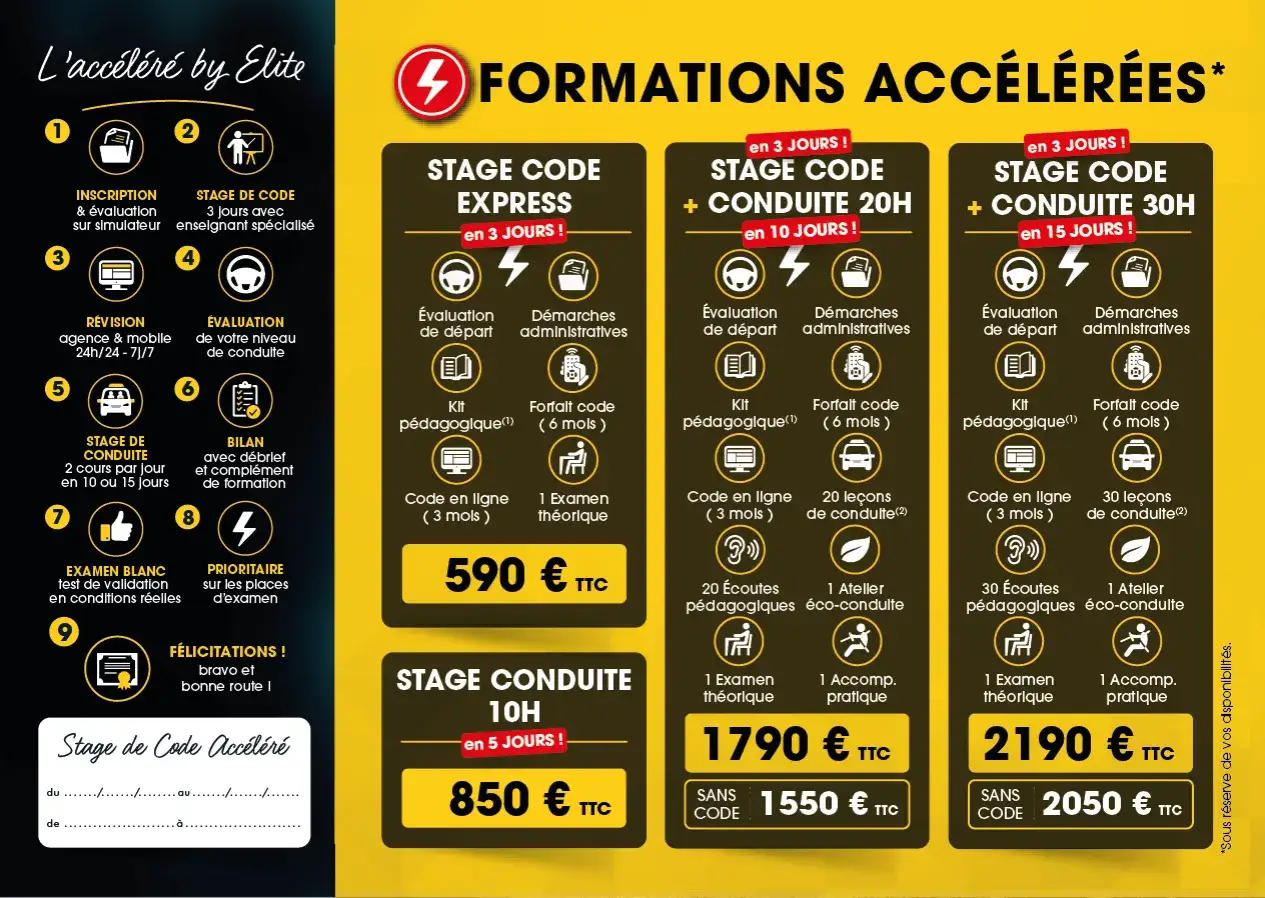 Le livret d'apprentissage permis B présente des formations accélérées : stage code express, stage code + conduite 20h ou 30h.