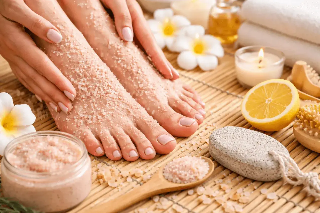 Zabieg pielęgnacyjny stóp: peeling solny, pumeks i cytryna pomagają usunąć **callus** i wygładzić skórę.