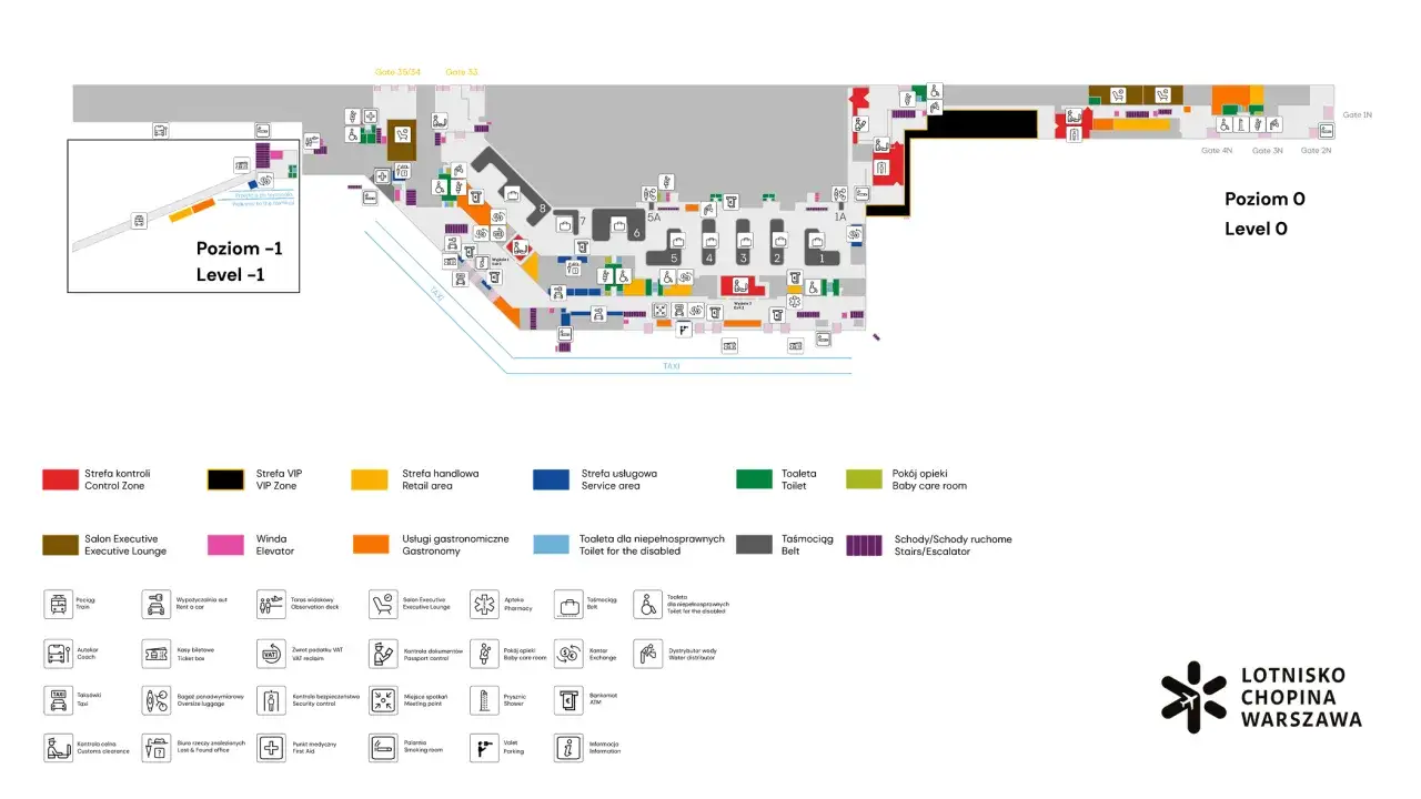 Plan lotniska Chopina w Warszawie. Poziom -1 i 0 z zaznaczonymi strefami kontroli, VIP, handlowymi, gastronomicznymi i usługowymi.