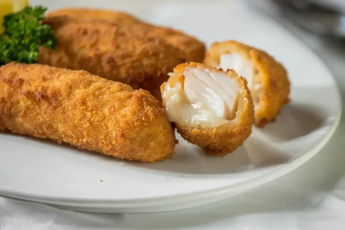 Croquetas de bacalao doradas y crujientes, una de ellas partida revela su interior jugoso.