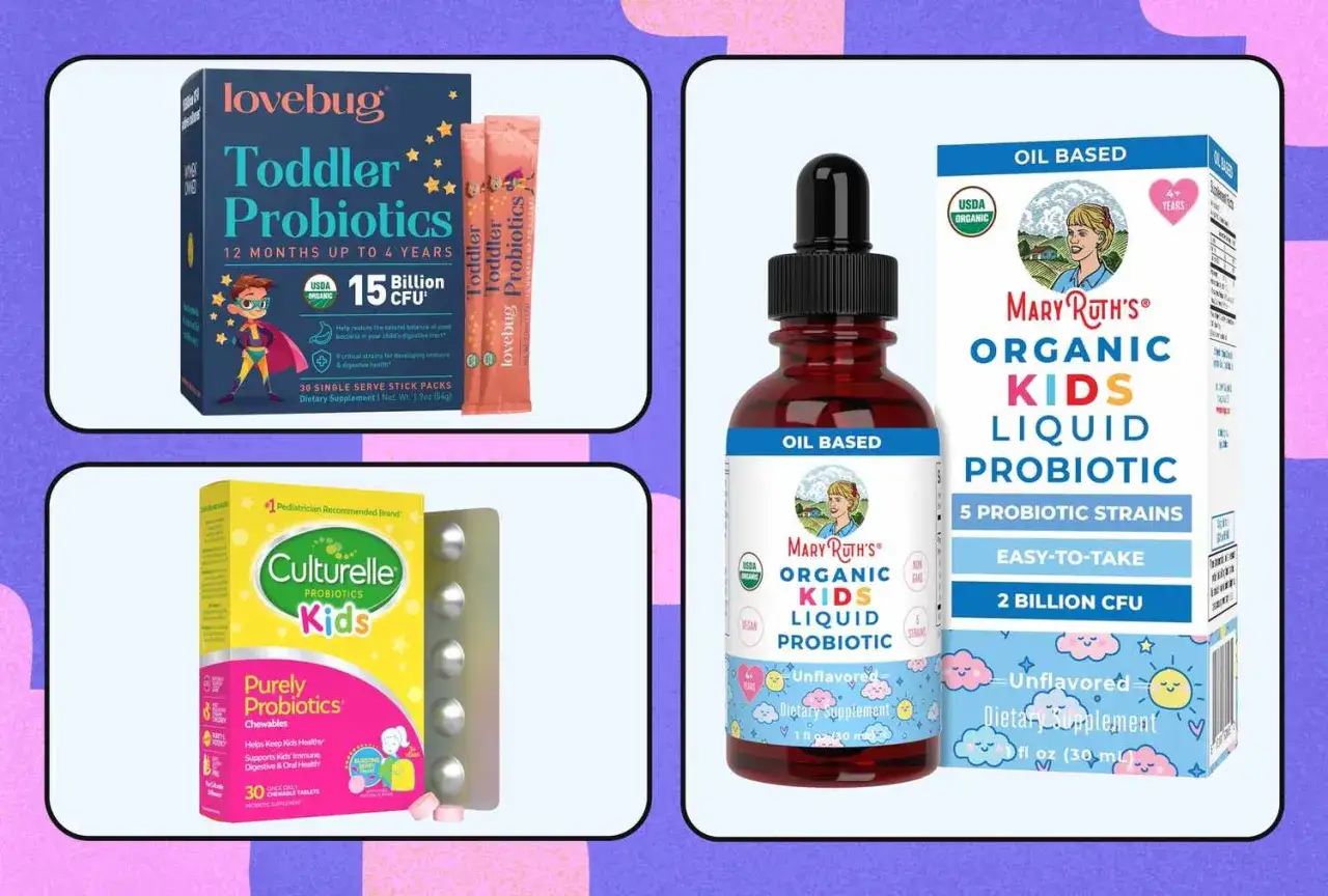Probiotyk dla dzieci: Lovebug Toddler Probiotics w saszetkach, Culturelle Kids Chewables i Mary Ruth's Organic Kids Liquid Probiotic.