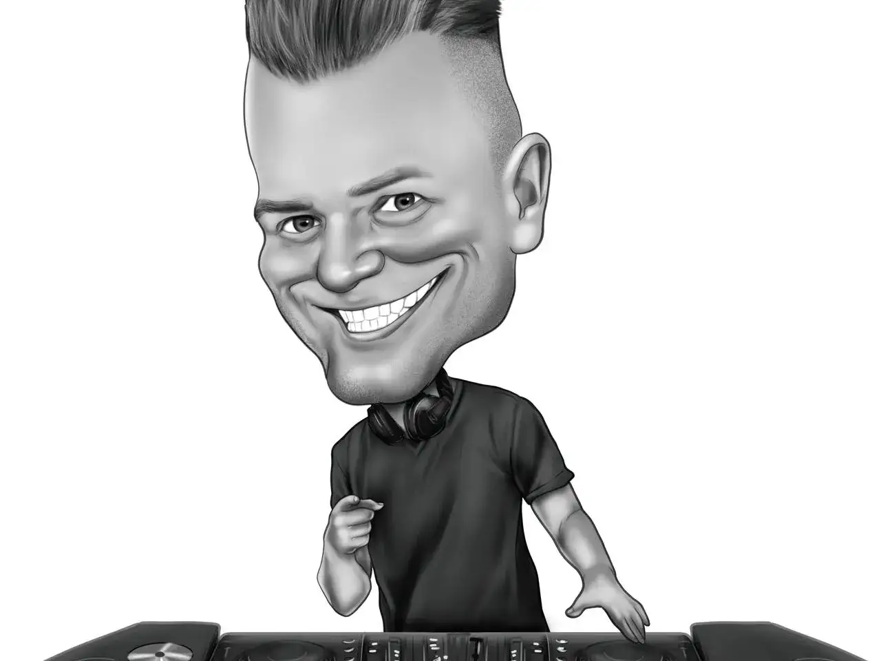 Caricature exemple d'un DJ souriant avec un grand sourire, portant un casque et pointant du doigt une table de mixage.