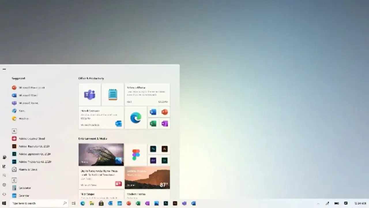 Menu Start z aplikacjami, ikonami i kafelkami, gotowe do aktualizacja Windows 10.