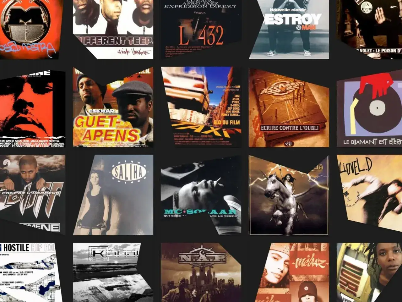 Collage d'albums et affiches de rap français des années 90 et 2000 : IAM, Assassin, Salhi, MC Solaar, Lionel D.