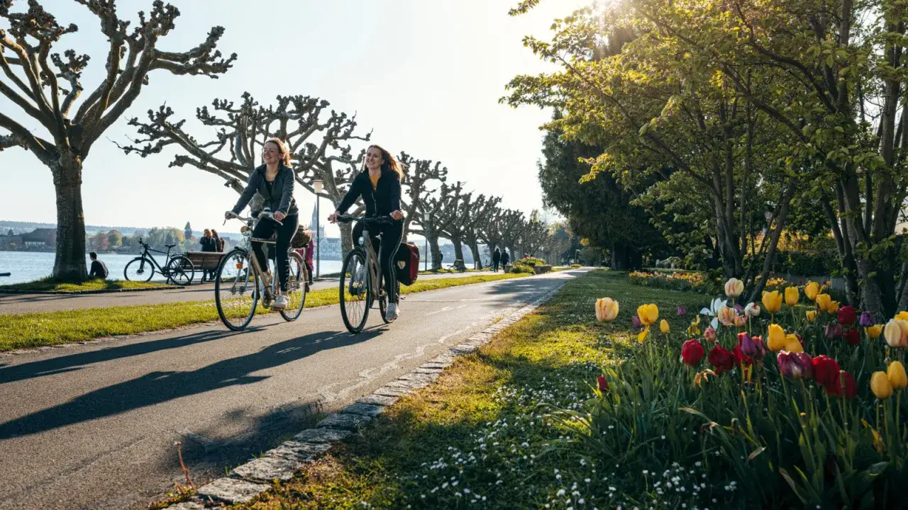 Zwei Frauen genie&szlig;en eine Radtour am Seeufer in Konstanz. Tulpen bl&uuml;hen am Wegesrand.
