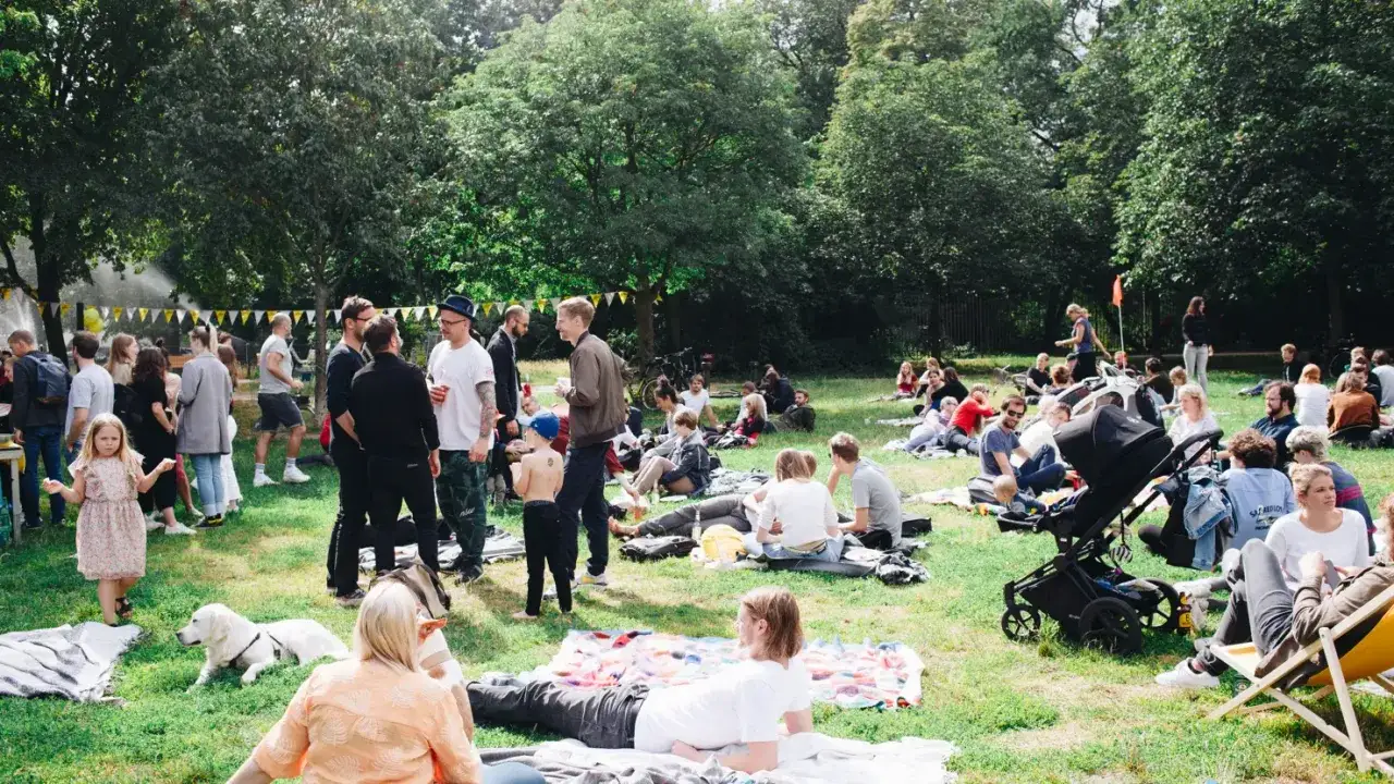 Menschen genie&szlig;en ein entspanntes **Picnic Berlin** im Park. Kinder spielen, Hunde ruhen, und Freunde unterhalten sich auf Decken im Gras.
