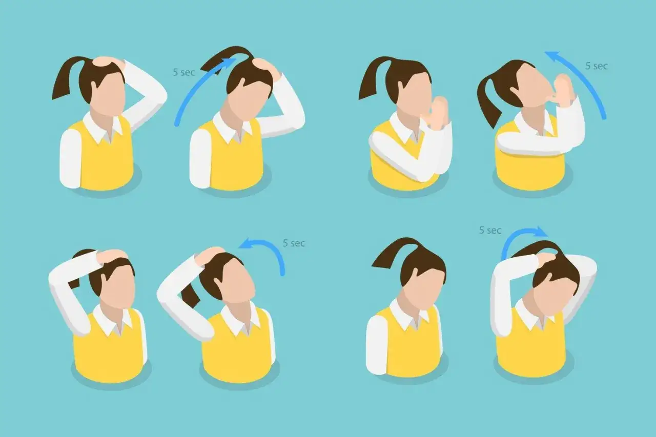 Série d'exercices pour l'échauffement cervicales : inclinaisons et rotations douces de la tête, guidées par des flèches bleues indiquant la durée de 5 secondes.