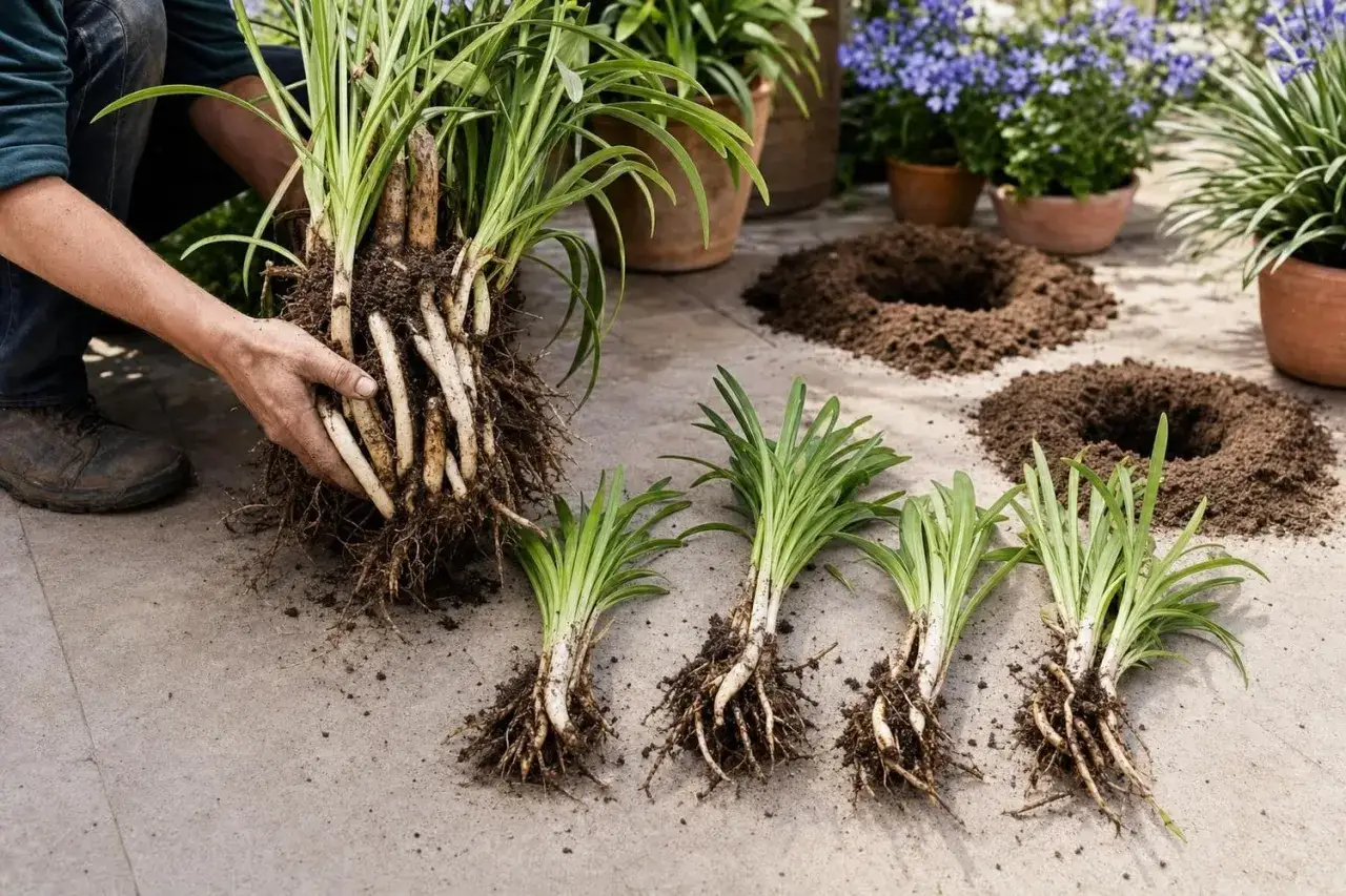 Division d'un plant d'agapanthe pour obtenir de nouvelles graines. Les racines sont séparées et prêtes à être replantées.