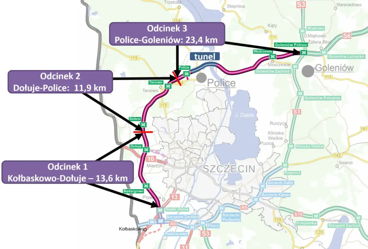 Mapa przedstawia planowaną zachodnią obwodnicę Szczecina z podziałem na trzy odcinki: Kołbaskowo-Dołuje, Dołuje-Police i Police-Goleni&oacute;w, uwzględniając tunel.