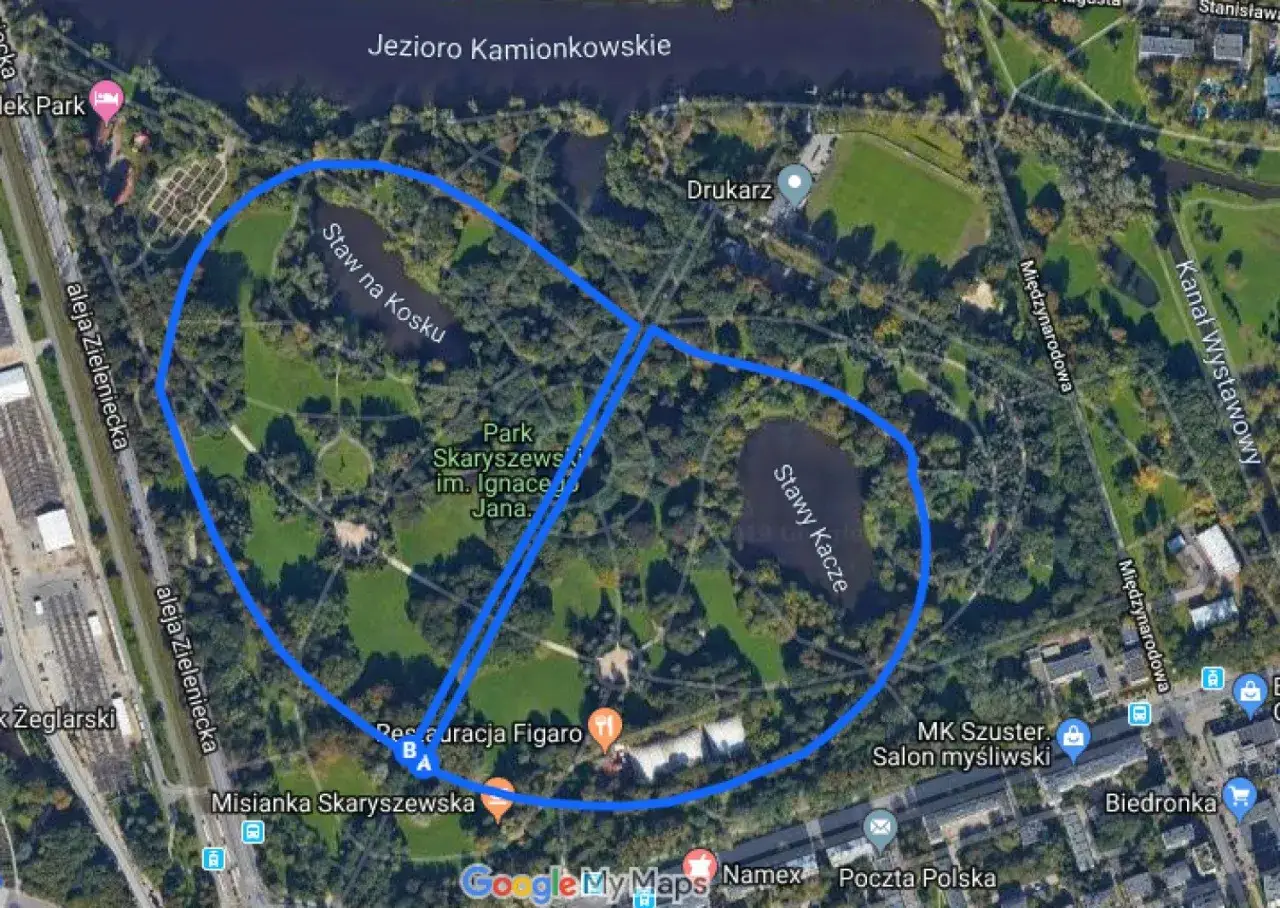 Mapa Parku Skaryszewskiego w Warszawie, idealne miejsce, gdzie biegać w Warszawie. Widoczne stawy i alejki.